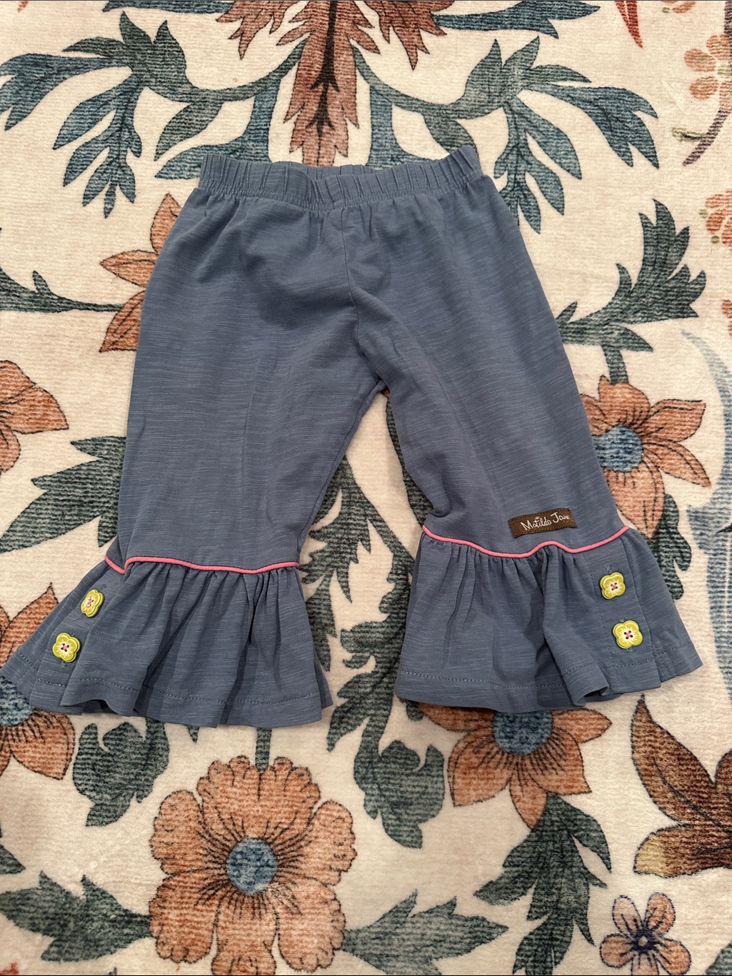 Matilda Jane Slate Blue Ruffle Pants With Pink Trim & Yellow Buttons